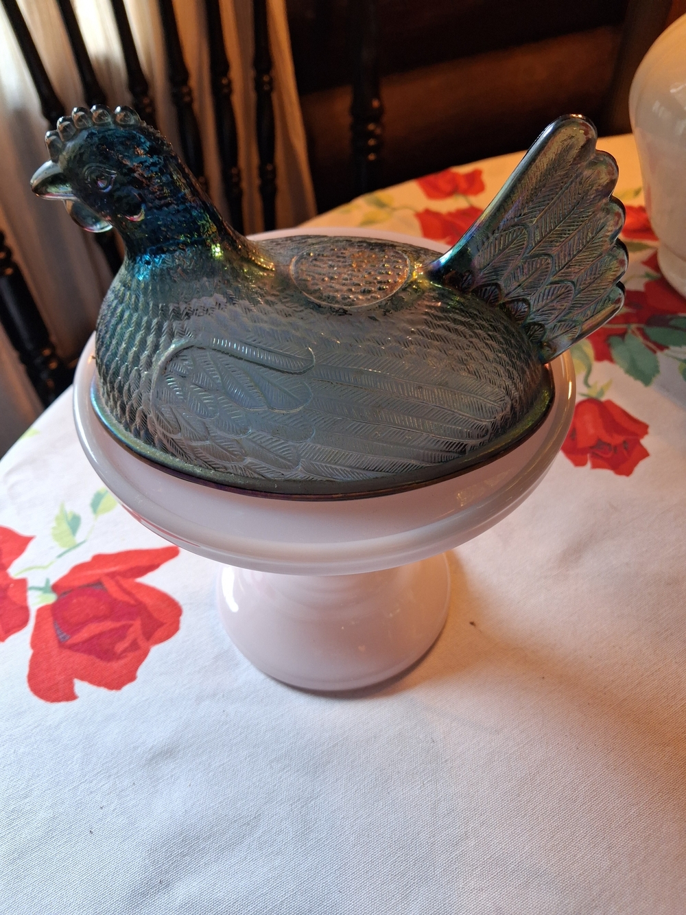 Indiana Glass Iridescent Blue-Green Hen on Nest Top Only